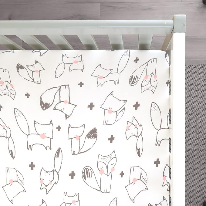 GRSSDER Stretchy Ultra Soft Jersey Knit Fitted Crib Sheets Set 2 Pack, Cozy Crib Sheet Girl Fits All Standard Crib Mattress Pads, Cute Foxes and Rabbits Print