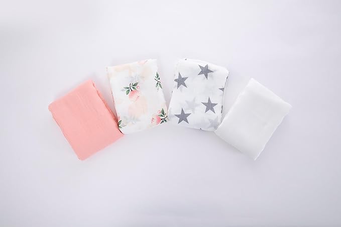 Muslin Swaddle Blankets for Baby Boys and Girls, 4-Pack Breathable and Skin-Friendly Receiving Blanket Wrap, Baby Essentials, Registry & Gift, 47 x 47 inches (Rosy Contrast)