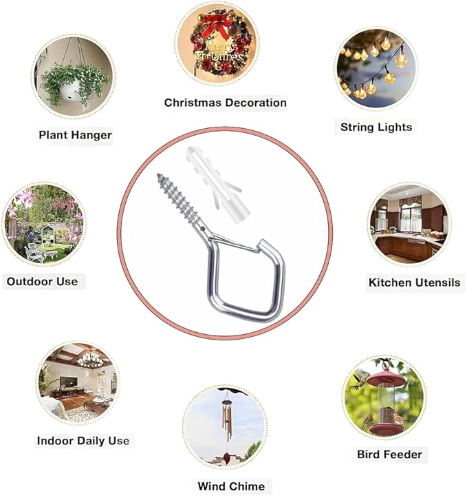 32-Pack Heavy-Duty Silver Screw Eye Hooks with Safety Clips | Metal Ceiling Hooks for Hanging Plants, Wind Chimes, Bird Feeders & Indoor/Outdoor Lights