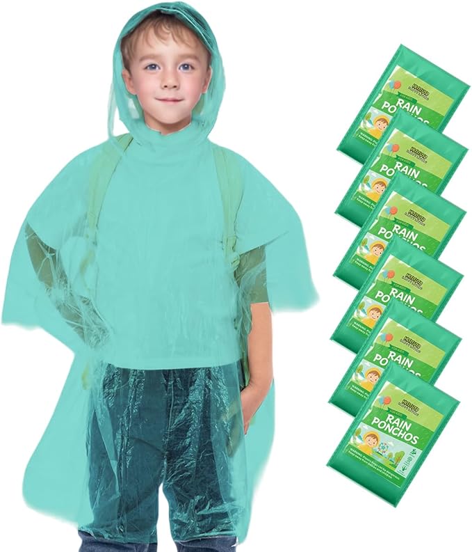 Hitituto Rain Ponchos Family Pack Kids– 6/12/24 Pack Disposable Poncho with Hood, Clear & Assorted Colors, Home Survival Kits