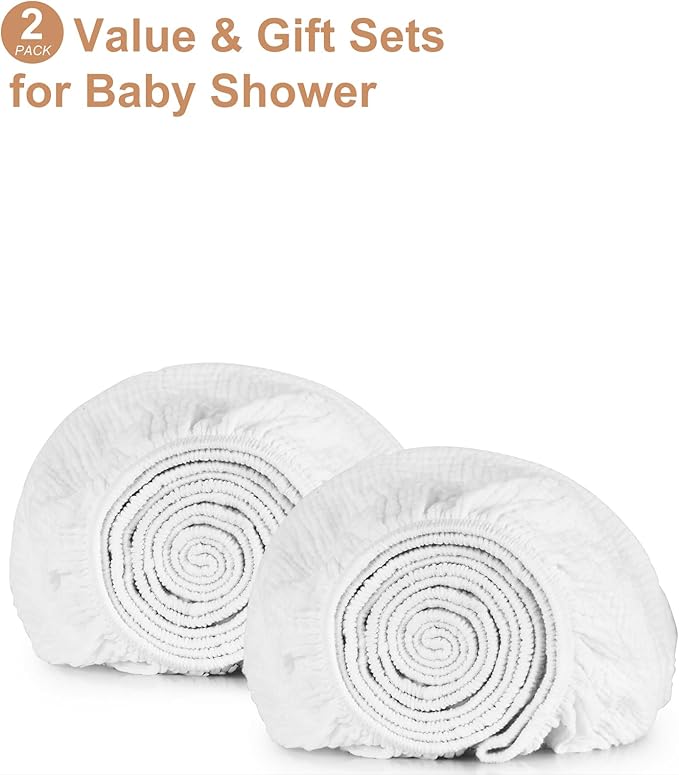 PET REJOIR 2 Pack White Muslin Mini Crib Sheets for Girl and Boy- Neutral Breathable Mini Crib Mattress Sheets Fitted for 24"x 38" -Nursery Décor Soft No Slip Crib Bed Sheets