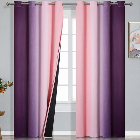 Ombre Pink and Purple Blackout Curtains 84 Inches Long, Full Room Darkening Curtains for Bedroom, Completely Light Blocking Grommet Thermal Insulated Gradient Drapes for Kids Room,52x84 Inch, 2 Panels