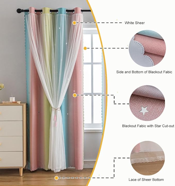 Star Girl and Kids Curtains for Bedroom Rainbow Ombre Double Layer Cute Shot Nursery Darkening Grommet Princess Room Décor 2 Panels Living Room Window Curtain （Blue Pink 52W x 72L）