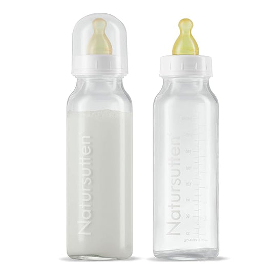 Natursutten Anti-Colic Glass Baby Bottle 2-Pack - 8 Ounce Bottles for Breastfeeding Babies - Newborn Bottles Set: Natural Rubber Slow-Flow Bottle Nipples, Seals, Valves, Baby Bottle Caps
