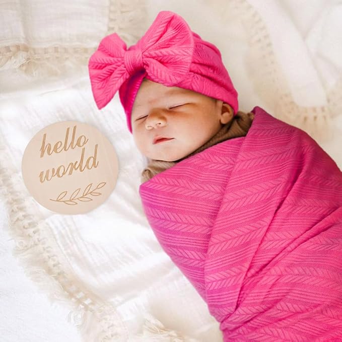 DRESHOW BQUBO Baby Swaddle Blankets for Girls, 4PCS Newborn Accessories Set with Matching Hat and Bow Headband with Hello World Wooden Birth Announcement Card