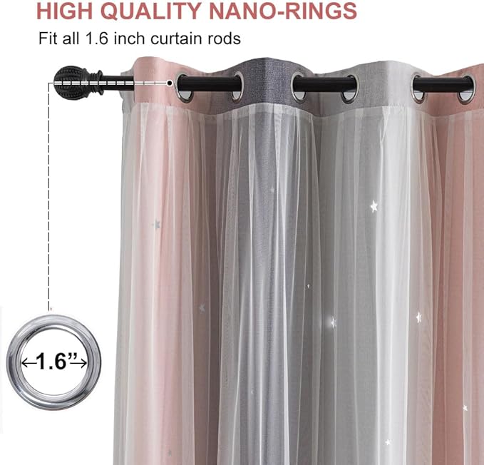 Star Girl and Kids Curtains for Bedroom Rainbow Ombre Double Layer Cute Shot Nursery Darkening Grommet Princess Room Décor 2 Panels Living Room Window Curtain (Pink Grey52W x 72L)