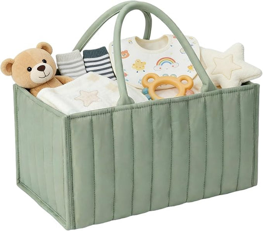 Diaper Caddy Organizer, Quilted Storage Basket with Removable Dividers, Portable Nursery Organizer for Newborn Essentials Car Caddy (Light Green)