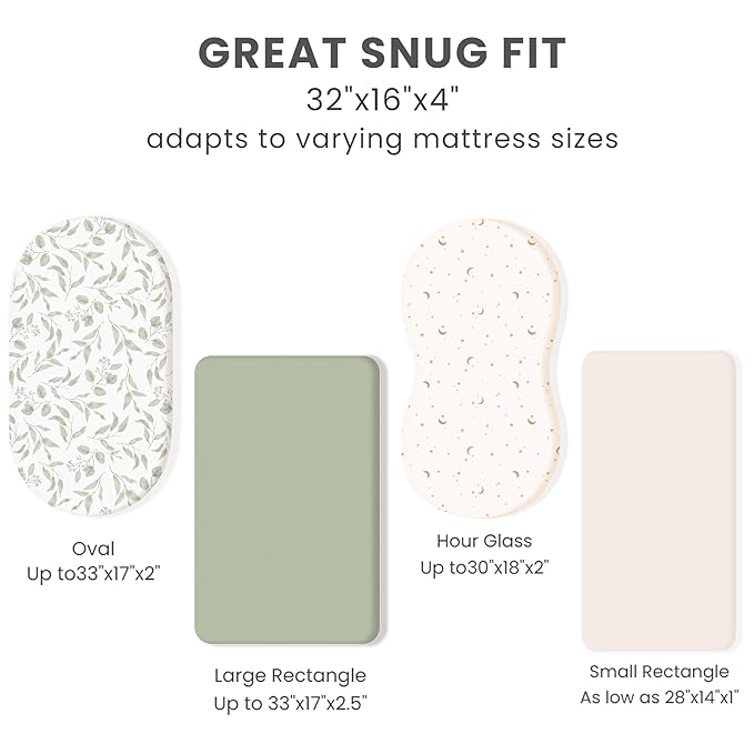 Konssy 3 Pack Stretchy Bassinet Sheets for Baby Girl Boy, Soft Breathable Baby Bassinet Mattress Sheets Fit for Hourglass Oval Cradle, Moses Basket Rectangle Mattress (Green Leaves)