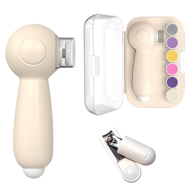 Baby and Adult 2-in-1 Electric Nail File - 6 Replaceable Grinding Pads, Hidden Nail Clipper, 360° Soft Light, USB Rechargeable, Portable Storage Box, Quiet Nail Trimmer for 0-36 Months Infants