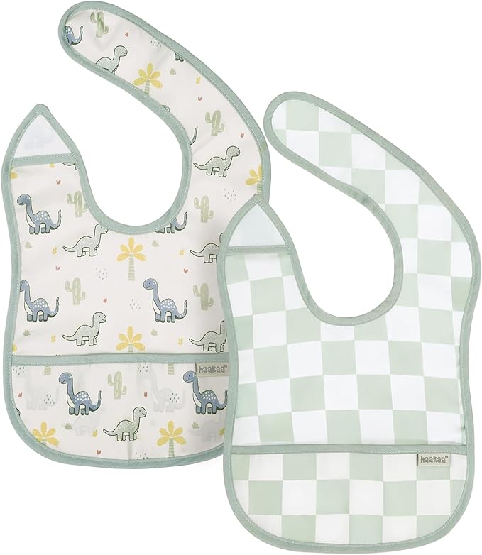 haakaa Waterproof Baby Bibs for Eating, Soft & Lightweight Toddler Bibs with Food Pocket, Easy Wipe Clean, Ages 6–24M, 2 Pack