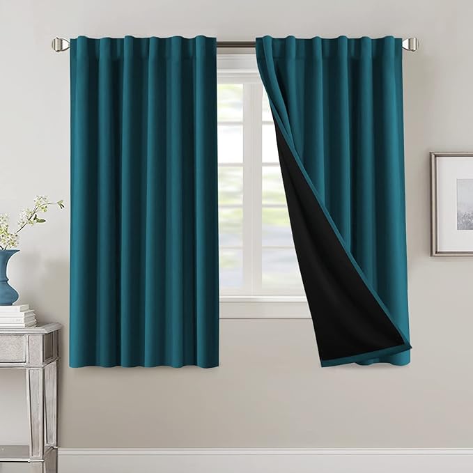 H.VERSAILTEX 100% Blackout Curtains for Bedroom with Black Liner Full Room Darkening Curtains 63 Inches Long Thermal Insulated Back Tab/Rod Pocket Window Drapes for Living Room, 2 Panels, Dark Teal
