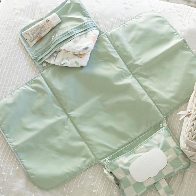 Tiny Twinkle Portable Diaper Changing Pad | Waterproof, Wipeable & Compact Baby Changing Pad for Travel | Smart Wipes Pocket & Organized Storage| Newborn Shower Gift (Sage Checkers)