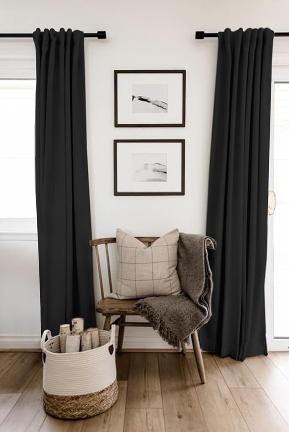 100% Blackout Shield Linen Blackout Curtains for Bedroom 108 Inches Long, Back Tab/Rod Pocket Living Room Drapes, Thermal Insulated Blackout Curtains 2 Panels Set, 50" W x 108" L, Black