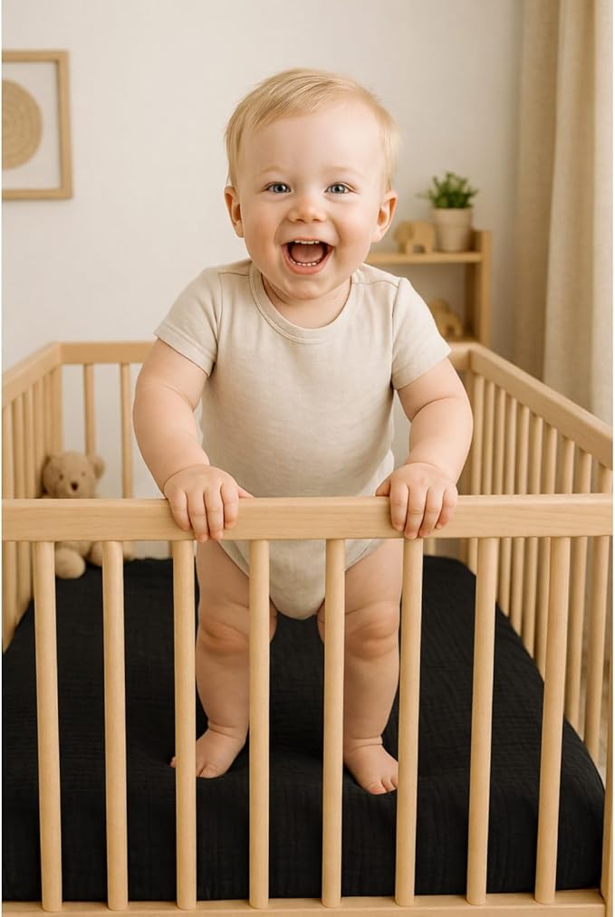 PET REJOIR 2 Pack Black Muslin Crib Sheets for Boys & Girl- Neutral Breathable Cotton Crib Mattress Sheets Fitted for Standard 28"x 52"- Nursery Décor No Slip Crib Bed Sheets