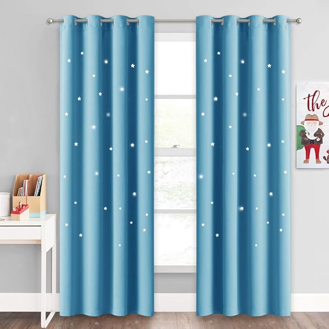 NICETOWN Hollow Out Star Curtains - 52 by 84 inches Blackout Curtains with Star Cutouts for Cosmic Themed Bedroom, Perfect for Kids and Space-Loving Grown-ups, Teal Blue, 1 Pair