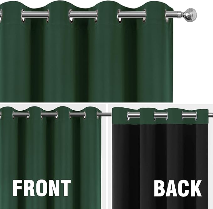 LEMOMO 100% Blackout Curtains 52 x 63 Inch Green Curtains 2 Panels Darkening Thermal Insulated Bedroom Curtains