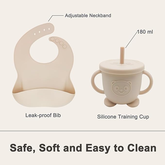 Munlinder Silicone Baby Feeding Set | Baby Led Weaning Supplies Includes Suction Bowls and Divided Plates, Adjustable Bib, Baby Utensils Spoons and Forks,Cup | Baby Feeding Essentials (Beige)