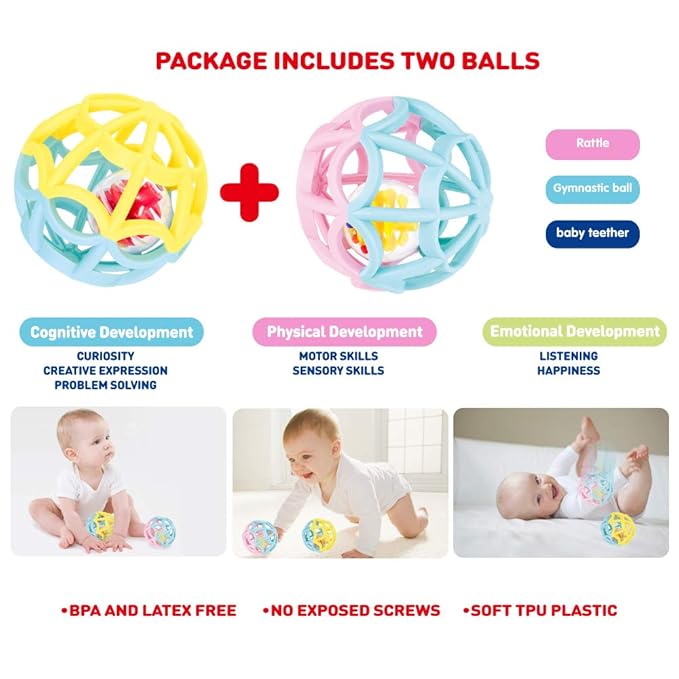 WEofferwhatYOUwant Baby Sensory Balls – Set of 2 Rattle Teething Toys for Infants & Toddlers – BPA-Free Easy Grip Motor Skill Development Ball – Soft Textured Montessori Sensory Play 0+ Months
