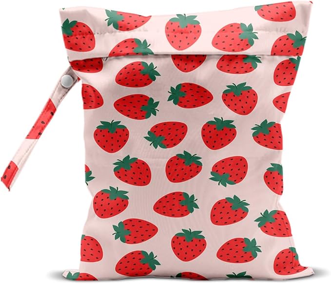 Strawberry Wet Bags 12x10 Inch, Fruits Waterproof Travel Laundry Bags, Pink Reusable Wet Dry Bag for Swimsuit Pool Beach Diapers Dirty Yoga Gym Clothes, Strawberry Gifts for Women Friend Travelers