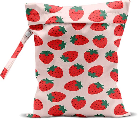 Strawberry Wet Bags 12x10 Inch, Fruits Waterproof Travel Laundry Bags, Pink Reusable Wet Dry Bag for Swimsuit Pool Beach Diapers Dirty Yoga Gym Clothes, Strawberry Gifts for Women Friend Travelers