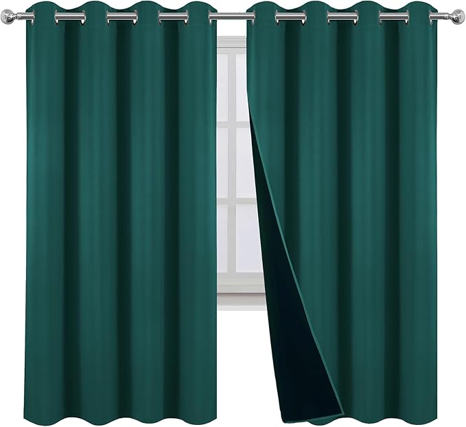 LEMOMO 100% Blackout Curtains 52 x 63 Inch Sea Teal Curtains 2 Panels Darkening Thermal Insulated Bedroom Curtains