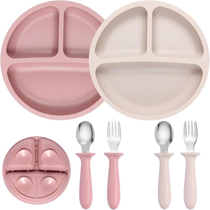Eascrozn 2 Pack Silicone Divided Baby Plates with Suction, 2 Pack Toddler Forks and Spoons Set, BPA Free, Baby Feeding Set for Toddler Utensils, Microwave and Dishwasher Safe