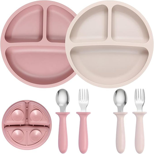 Eascrozn 2 Pack Silicone Divided Baby Plates with Suction, 2 Pack Toddler Forks and Spoons Set, BPA Free, Baby Feeding Set for Toddler Utensils, Microwave and Dishwasher Safe