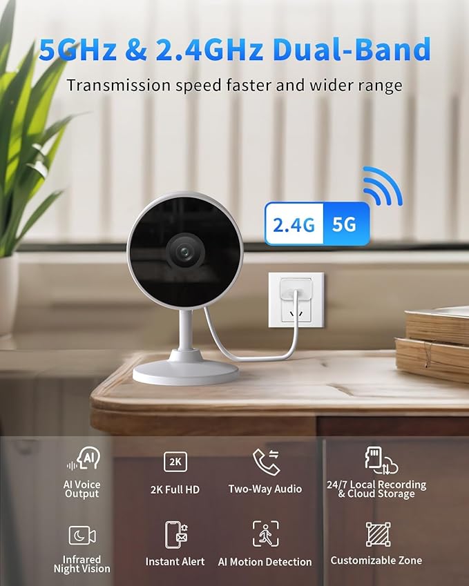 5G/2.4G Cameras for Home Security - 2K Home Cameras Indoor with AI Motion Detection, Night Vision, 2-Way Audio for/Pet/Dog/Cat/Baby Monitor, 24/7 SD Recording with Phone App, 2PCS