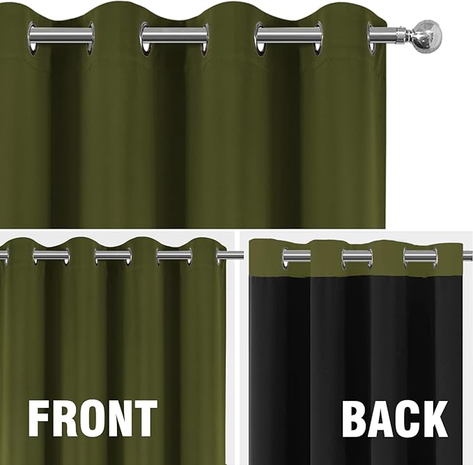 LEMOMO 100% Blackout Curtains 52 x 63 Inch Olive Green Curtains 2 Panels Darkening Thermal Insulated Bedroom Curtains