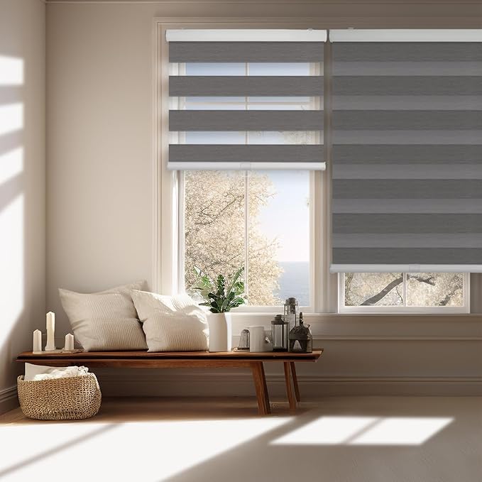 FOIRESOFT Standard Cordless Custom Blackout Zebra Roller Shades and Blinds for Windows [Bonita, Dark Grey, W 20-81 x H 20-84 inch] Dual Layer Sheer Room Darkening, Select 1x1 for Custom