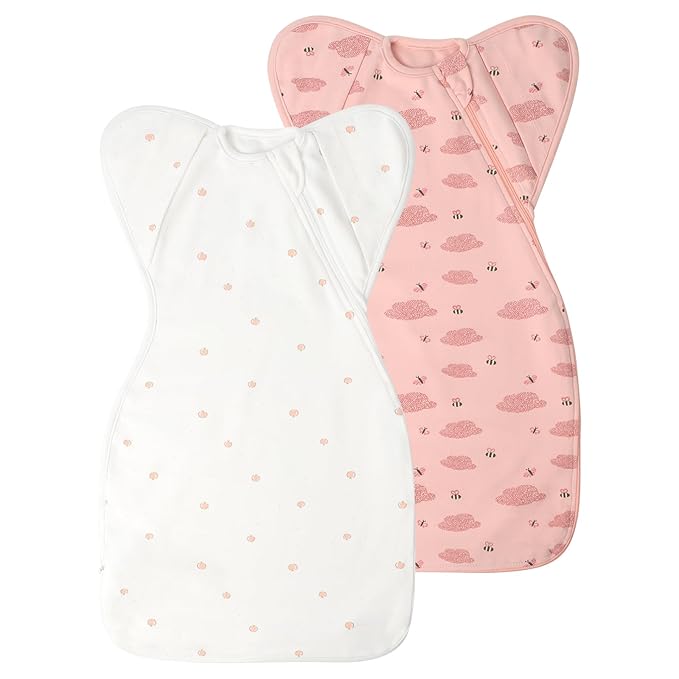 Premium Soft Cotton Swaddle Blanket Sleep Sack Arms Up 2 Packs 6-12 Months, Hands Up 3-Way Transitions to Arms-Free Wearable Sleeping Sack Bag for Babies Boys Girls Snug Fit Calms Startle Reflex