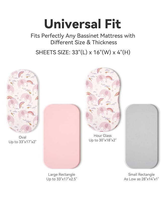 TILLYOU Baby Bassinet Sheets for Girls Boys, Fit for Hourglass Oval Rectangle Bassinet Mattress Sheets, 33”X16”, 3 Pack Rainbow Elephant