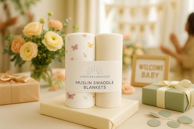 Soft 100% Cotton Swaddles for Newborns, 2- Pack - Large, Breathable Baby Blanket - Versatile, Durable Muslin Swaddle Blankets - Perfect Newborn Essentials (Butterfly/Sunshine)