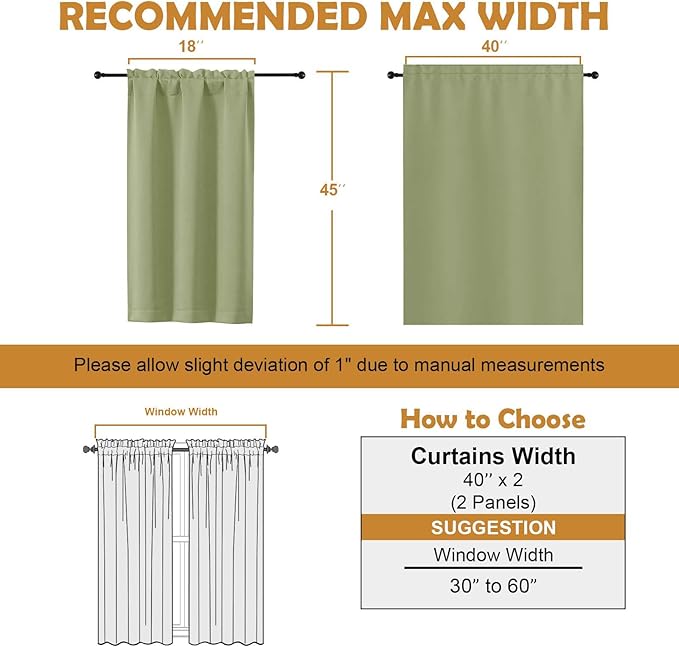 Aiyufeng Sage Green Short Blackout Curtains for Bedroom 45 Inches Long 2 Panels Set, Solid Thermal Insulated, Energy Saving Window Treatment Curtains Blackout Drapes, W40 x L45 Inch, Sage Green