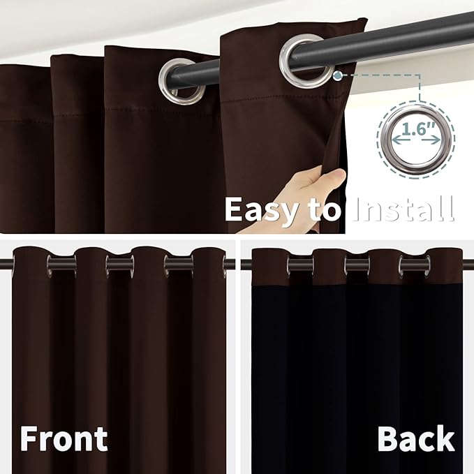BGment Thermal Insulated 100% Blackout Curtains for Bedroom with Black Liner, Double Layer Full Room Darkening Noise Reducing Grommet Curtain (52 x 72 Inch, Brown, 2 Panels)