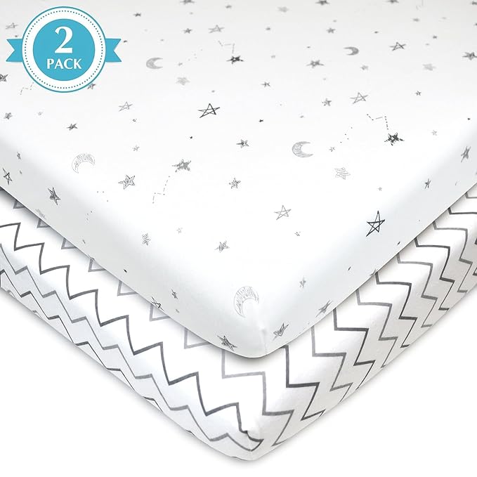 American Baby Company 2 Pack 100% Natural Cotton Fitted Mini Crib Sheets 38" x 24" - Soft & Breathable Small Nesting Portable Sheets, Fits Pack N Play Mattresses, Gray Stars/Zigzag, for Boys & Girls