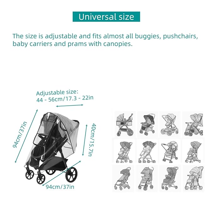 Stroller Rain Cover, Baby Stroller Rain Cover Universal Plastic Stroller Cover, Rain Cover for Stroller, Windproof and Waterproof with Waterproof Zip, Good Air Circulation, Food-Grade EVA Material