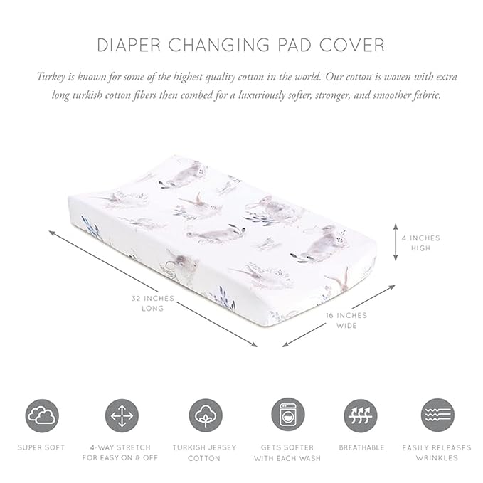 Oilo Changing Pad Cover, Breathable Turkish Cotton Fitted Jersey, 300 Thread Count, Machine Washable, Fits Standard Changing Pads (32" x 16"), Girl, Boy, & Neutral Nursery Design, Cottontail