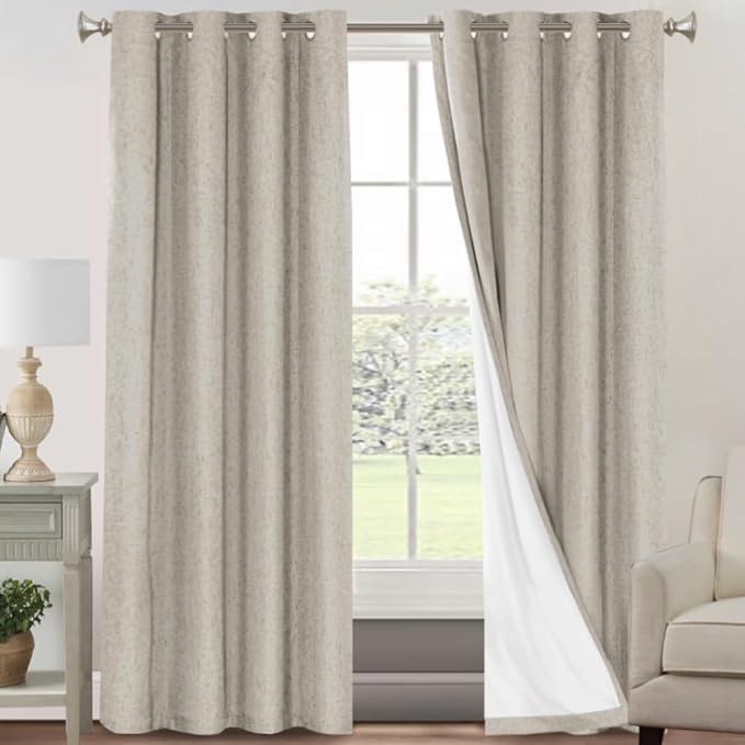 PrinceDeco Linen 100% Blackout Curtains for Bedroom/Living Room Reduce Noise Light Blocking Window Curtains Drapes for Boho Home Decor, Linen Look Fabric with White Liner (52 x 120 Inch,Cobblestone)