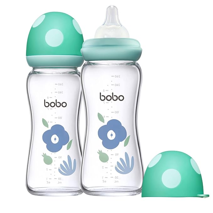 YOHKOH Natural Glass Baby Bottle with Level 2 Medium Flow Nipple, Newborn Anti-Colic Baby Bottles, Wide Neck Mushroom Baby Glass Bottle (Blue, (8.8oz (Pack of 2))