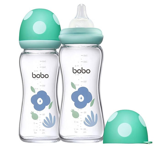 YOHKOH Natural Glass Baby Bottle with Level 2 Medium Flow Nipple, Newborn Anti-Colic Baby Bottles, Wide Neck Mushroom Baby Glass Bottle (Blue, (8.8oz (Pack of 2))