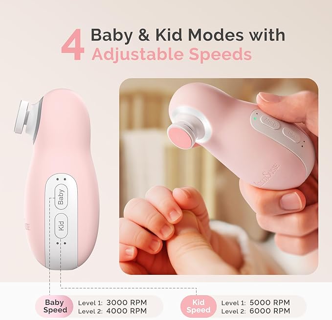 MelodySusie Baby Electric Nail File Kit, PC20F Rechargeable & Safe Nail Trimmer with Night Light, Quiet Operation for Newborns, Infants, Toddlers, Gentle Nail Care Clipper, Pink