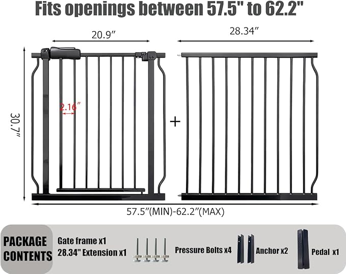 Extra Wide Baby Gate, 57.5-62 Inch - Black Metal, Pressure Mounted Indoor Safety Gate, Walk-Through Dog Gate for Kids & Pets, 30 Inch Tall