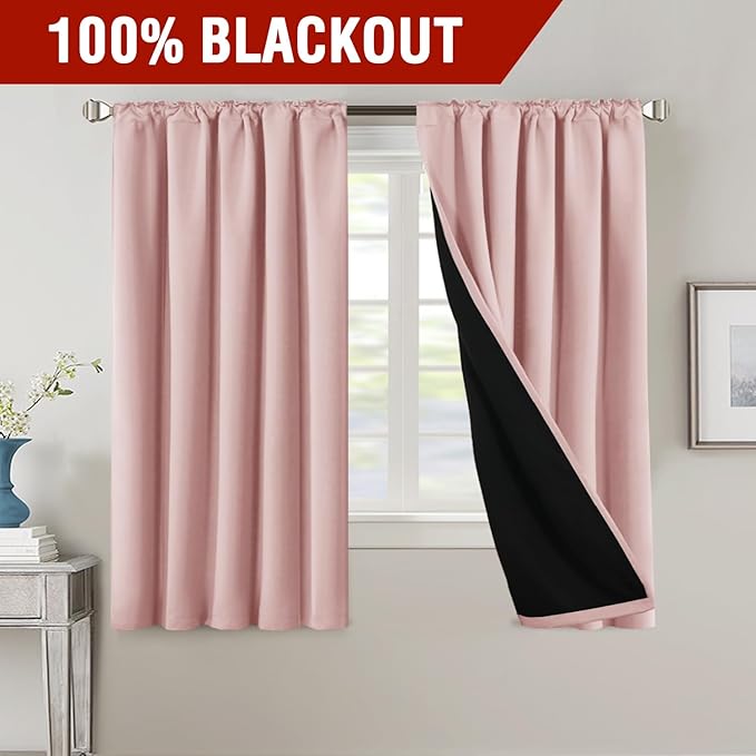 H.VERSAILTEX 100% Blackout Curtains for Bedroom with Black Liner Full Room Darkening Curtains 63 Inch Long Thermal Insulated Back Tab/Rod Pocket Window Drapes for Living Room, 2 Panels, Baby Pink