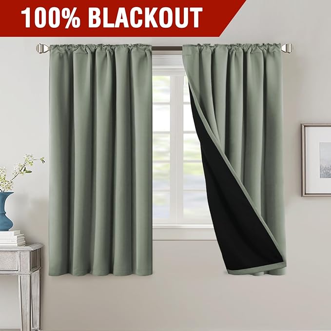 H.VERSAILTEX 100% Blackout Curtains for Bedroom with Black Liner Full Room Darkening Curtain 63 Inch Long Thermal Insulated Back Tab/Rod Pocket Window Drapes for Living Room, 2 Panels, Cyan