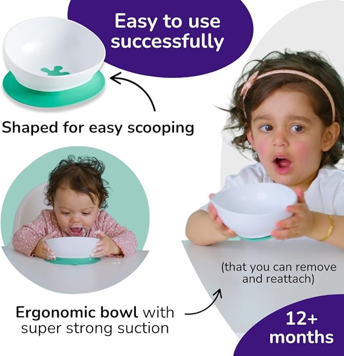 doddl Toddler and Baby Suction Bowl, Ergonomic Toddler Dishes for Self Feeding, 1-3 Year Olds, Dishwasher Safe, BPA Free (Fresh Green)