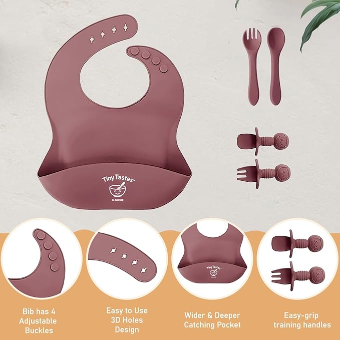 Tiny Tastes 10-Piece Silicone Baby Feeding Set – BPA-Free, Spill-Proof Suction Plate, Bowl, Bib, Snack Cup & Utensils | Dishwasher Safe, Baby Gift Ready (Dark Pink)
