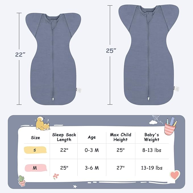 MEXXI Swaddle Baby Sleep Sack With Arms Up, 2 Pack Baby Transitional Swaddle with Double Zipper,0.5 TOG, 8-13 lbs, S