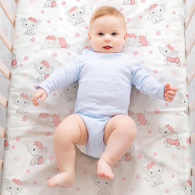 4 Pack Baby Girl Crib Sheets Set Soft Fitted Floral or Elephant Theme Baby Girl Mattress Covers Breathable Toddler Bed Sheets for Infant or Newborn Girls (Elephant, Crib Sheets)