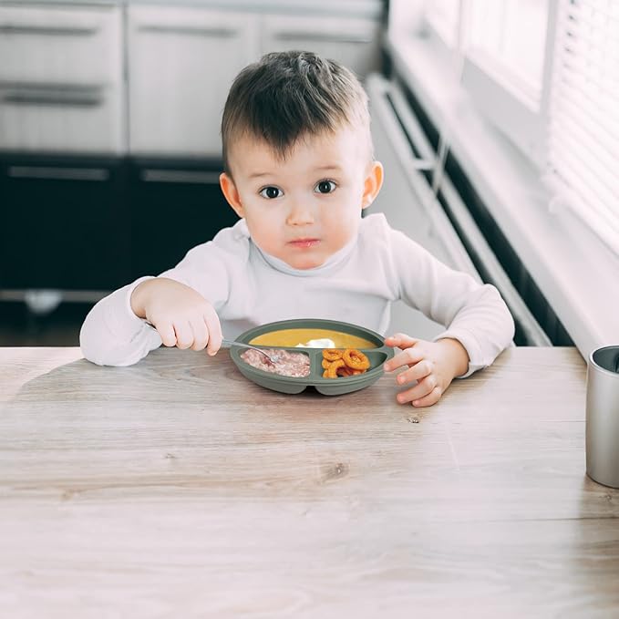 Eascrozn Baby Feeding Set, 2 Pack Silicone Baby Plates with Suction, 2 Pack Spoons and Forks Set for Toddler Utensils, BPA Free, Baby Led Weaning Supplies for Eating Essentials